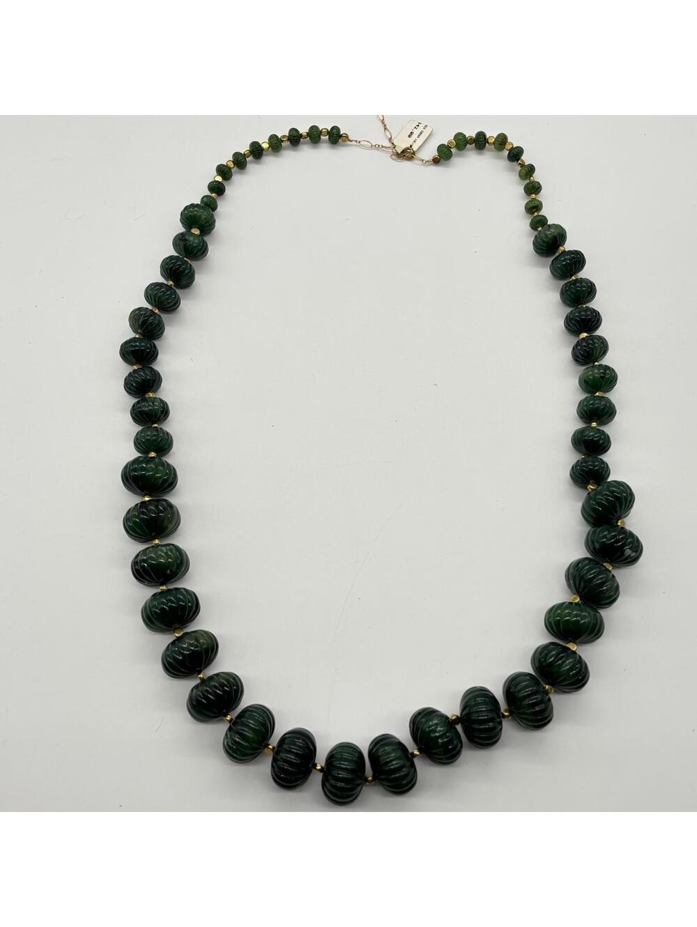NEW Vintage Carved Green Lucite Beaded Necklace Gold Beads Accents